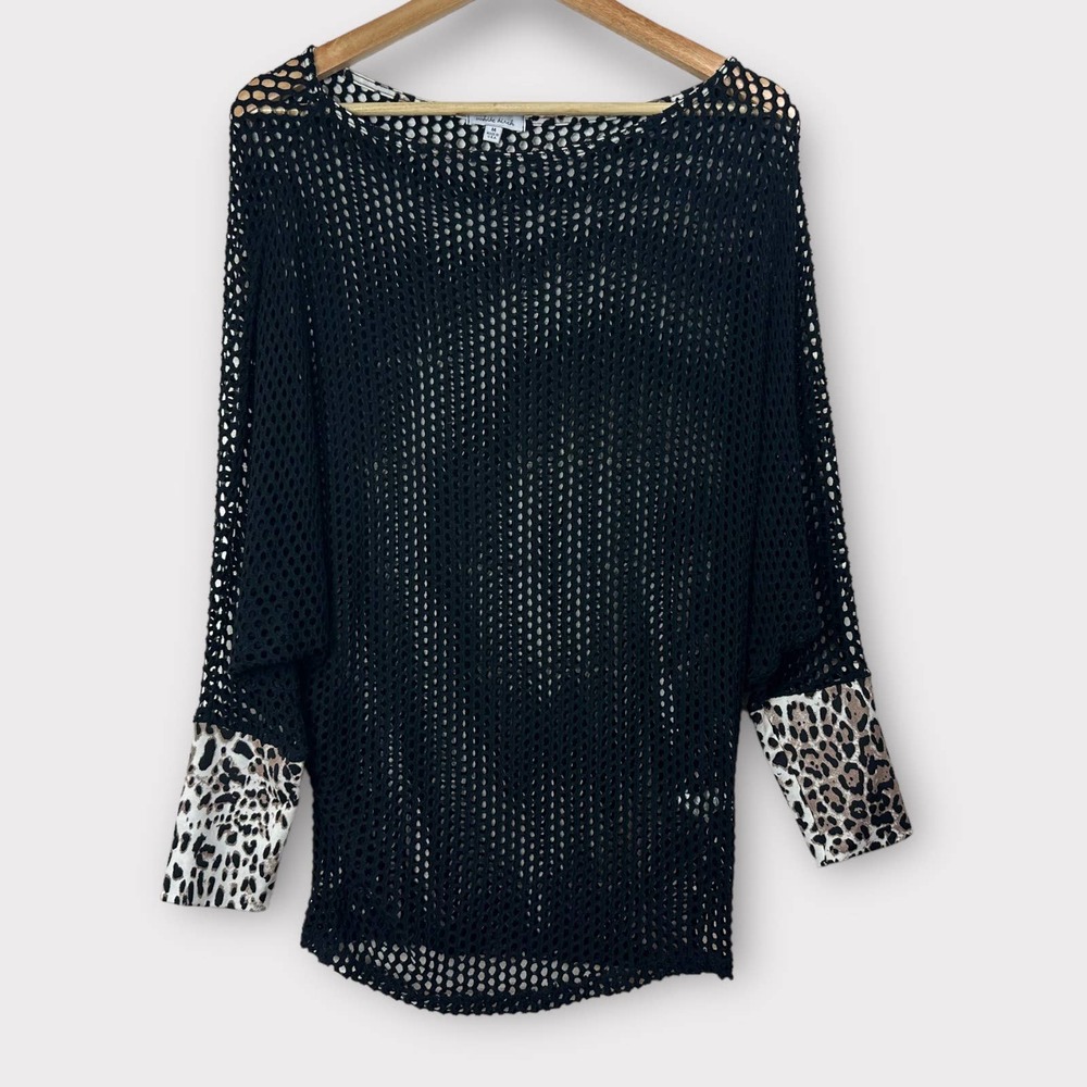 white birch Blouse Fishnet Leopard Print Sleeve Scoop Neck Black Medium